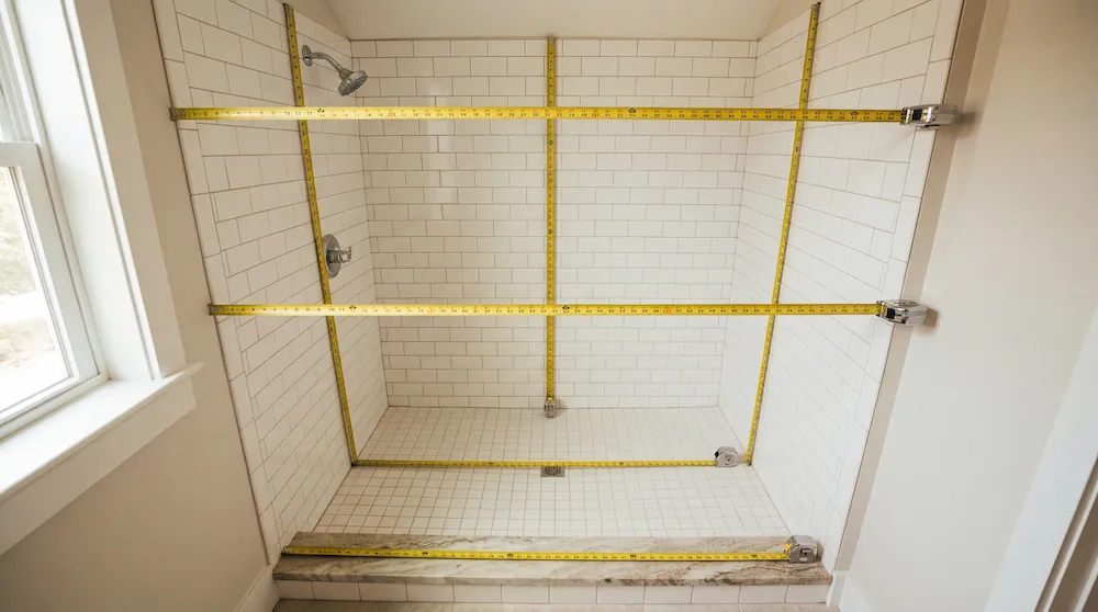 Diagram showing a shower opening with labeled measurement points: width at top, middle, and bottom; height at left, center, and right; and the return wall depth.